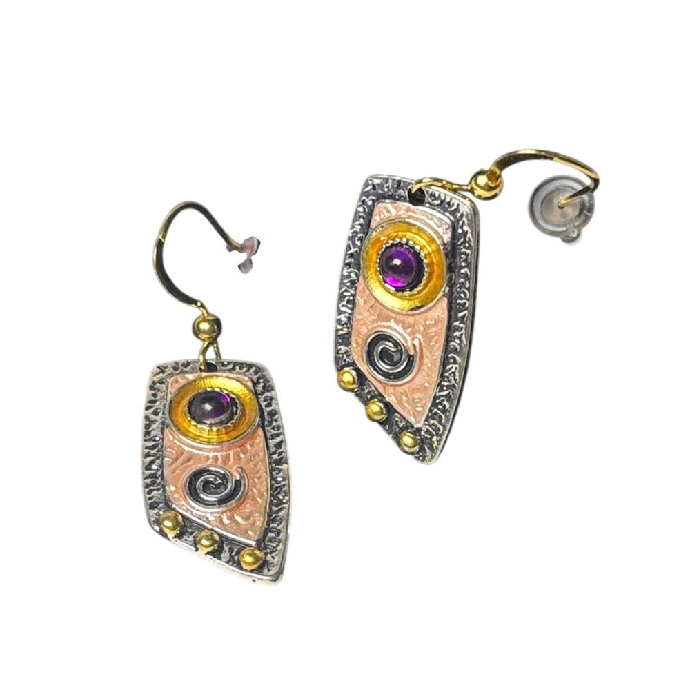 Artisan Style Mixed Metal Purple Stone Geometric Dangle Earrings Boho Chic